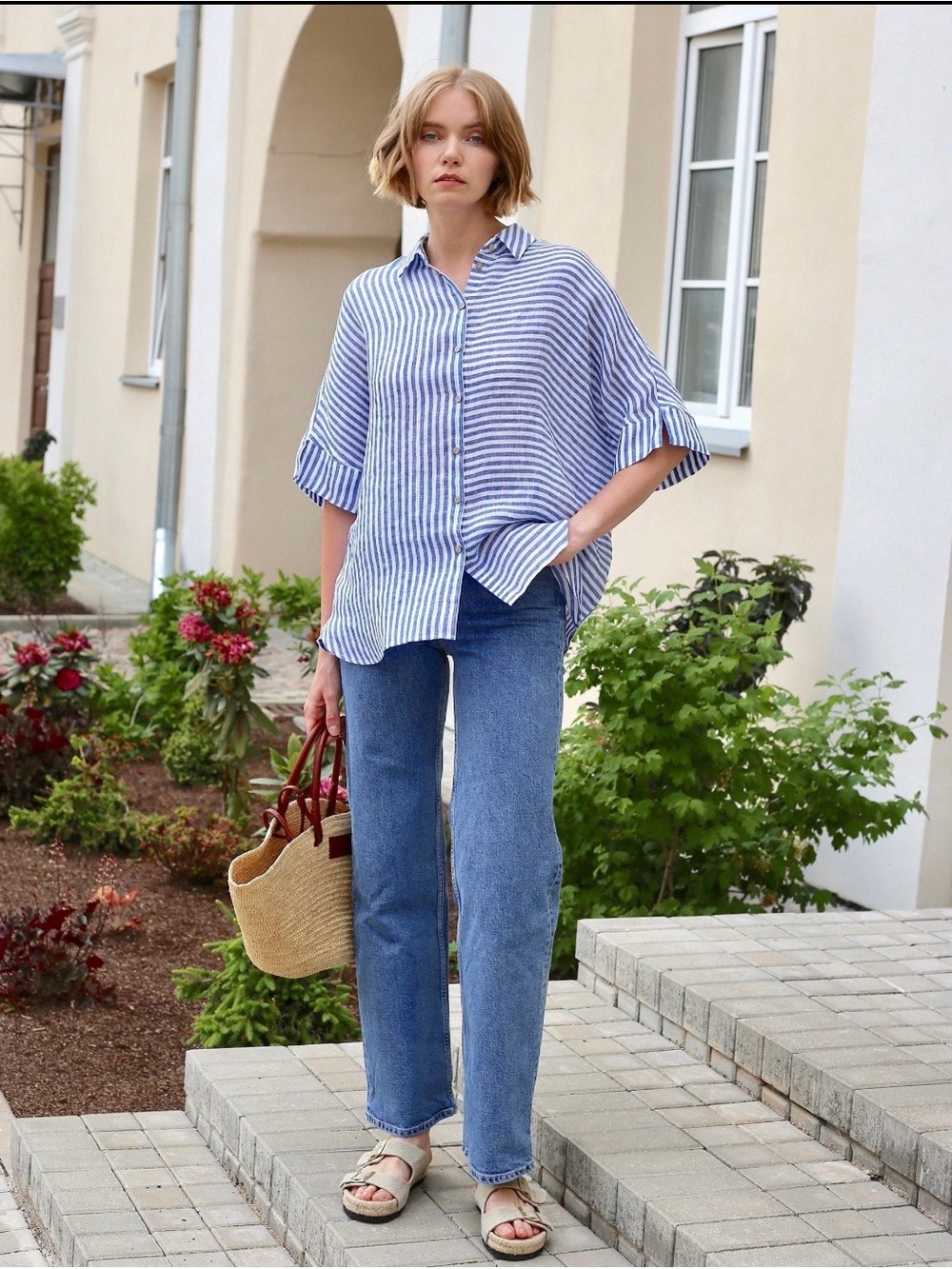 Magic Linen L/XL Cobalt Blue Oversized Striped Linen Shirt - Picture 9 of 11